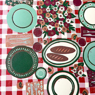 Hand Block Printed "Picnic Table" Reduction Print - Vertical - No. 16
