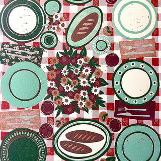 Hand Block Printed "Picnic Table" Reduction Print - Vertical - No. 16