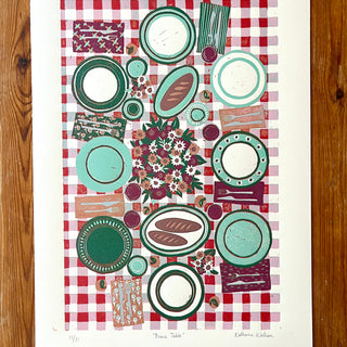 Hand Block Printed "Picnic Table" Reduction Print - Vertical - No. 17