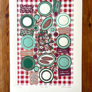 Hand Block Printed "Picnic Table" Reduction Print - Vertical - No. 17
