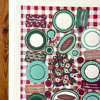 Hand Block Printed "Picnic Table" Reduction Print - Vertical - No. 17