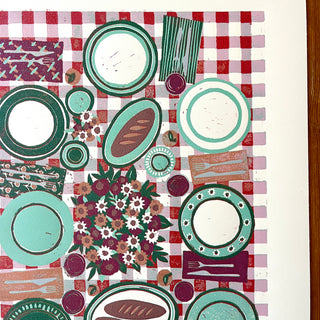 Hand Block Printed "Picnic Table" Reduction Print - Vertical - No. 17