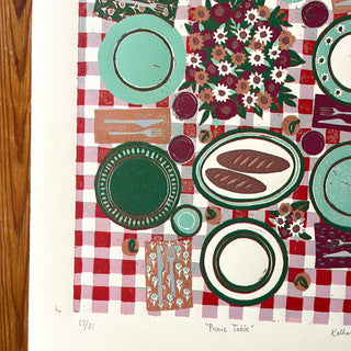 Hand Block Printed "Picnic Table" Reduction Print - Vertical - No. 17