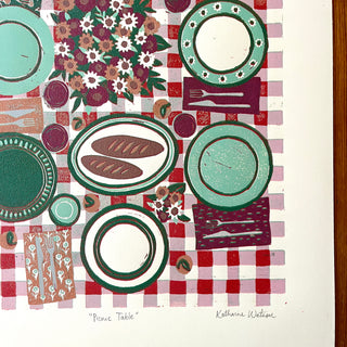 Hand Block Printed "Picnic Table" Reduction Print - Vertical - No. 17