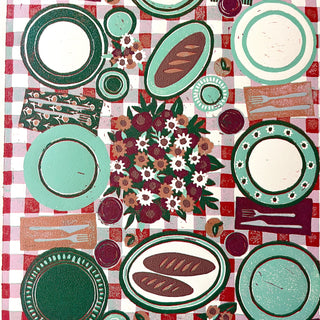 Hand Block Printed "Picnic Table" Reduction Print - Vertical - No. 17