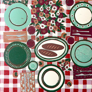 Hand Block Printed "Picnic Table" Reduction Print - Vertical - No. 17