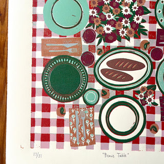 Hand Block Printed "Picnic Table" Reduction Print - Vertical - No. 17