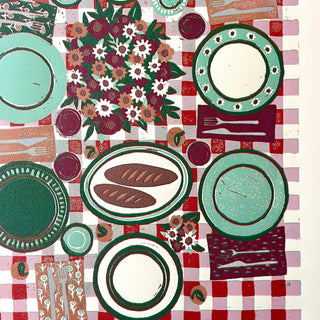 Hand Block Printed "Picnic Table" Reduction Print - Vertical - No. 17