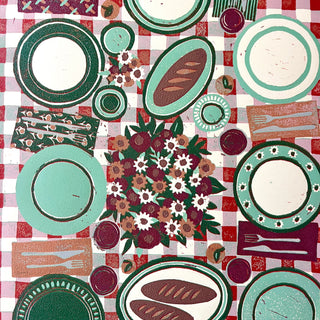 Hand Block Printed "Picnic Table" Reduction Print - Vertical - No. 17