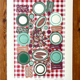 Hand Block Printed "Picnic Table" Reduction Print - Vertical - No. 18