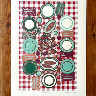 Hand Block Printed "Picnic Table" Reduction Print - Vertical - No. 18