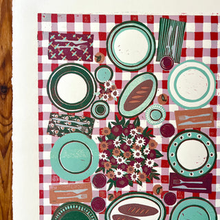 Hand Block Printed "Picnic Table" Reduction Print - Vertical - No. 18