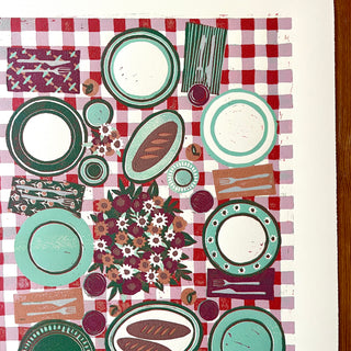 Hand Block Printed "Picnic Table" Reduction Print - Vertical - No. 18