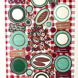 Hand Block Printed "Picnic Table" Reduction Print - Vertical - No. 18