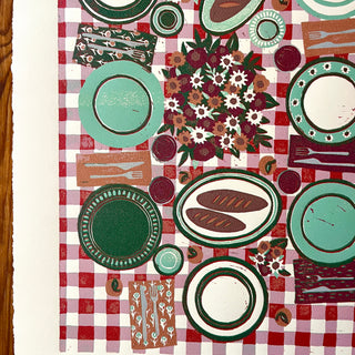 Hand Block Printed "Picnic Table" Reduction Print - Vertical - No. 18