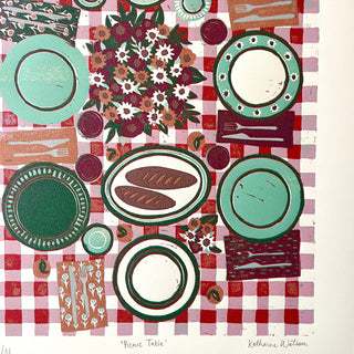 Hand Block Printed "Picnic Table" Reduction Print - Vertical - No. 18