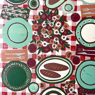 Hand Block Printed "Picnic Table" Reduction Print - Vertical - No. 18