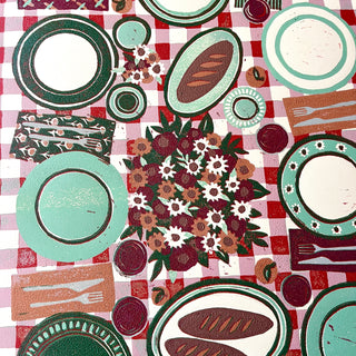 Hand Block Printed "Picnic Table" Reduction Print - Vertical - No. 18