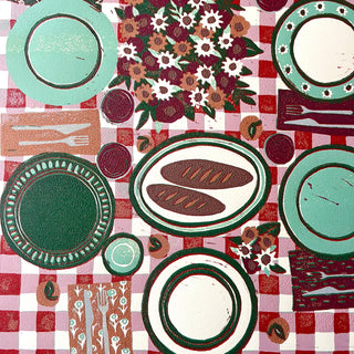 Hand Block Printed "Picnic Table" Reduction Print - Vertical - No. 18