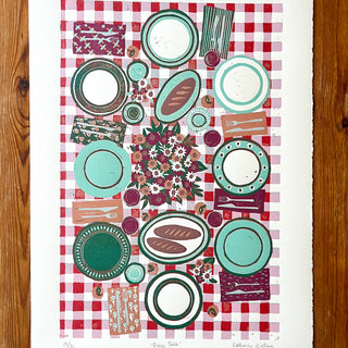 Hand Block Printed "Picnic Table" Reduction Print - Vertical - No. 19