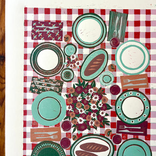 Hand Block Printed "Picnic Table" Reduction Print - Vertical - No. 19