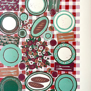 Hand Block Printed "Picnic Table" Reduction Print - Vertical - No. 19