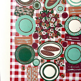 Hand Block Printed "Picnic Table" Reduction Print - Vertical - No. 19