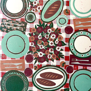Hand Block Printed "Picnic Table" Reduction Print - Vertical - No. 19