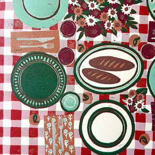 Hand Block Printed "Picnic Table" Reduction Print - Vertical - No. 19