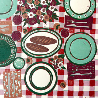 Hand Block Printed "Picnic Table" Reduction Print - Vertical - No. 19