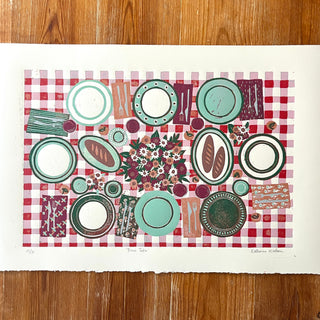 Hand Block Printed "Picnic Table" Reduction Print - Horizontal - No. 21