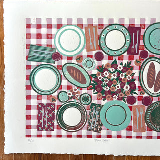 Hand Block Printed "Picnic Table" Reduction Print - Horizontal - No. 21