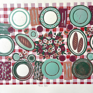 Hand Block Printed "Picnic Table" Reduction Print - Horizontal - No. 21