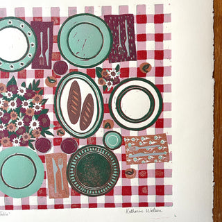 Hand Block Printed "Picnic Table" Reduction Print - Horizontal - No. 21