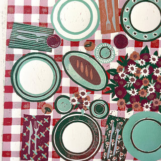 Hand Block Printed "Picnic Table" Reduction Print - Horizontal - No. 21