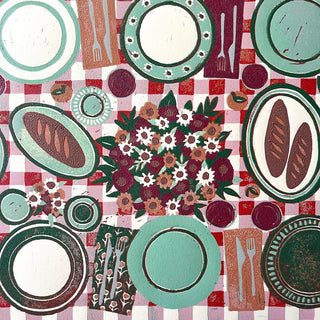 Hand Block Printed "Picnic Table" Reduction Print - Horizontal - No. 21