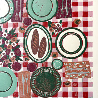 Hand Block Printed "Picnic Table" Reduction Print - Horizontal - No. 21