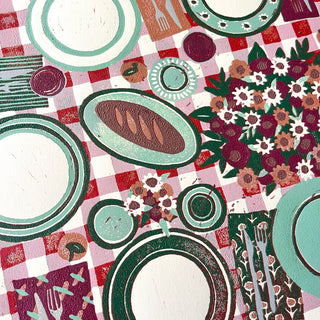 Hand Block Printed "Picnic Table" Reduction Print - Horizontal - No. 21