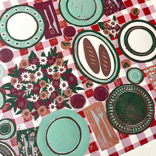 Hand Block Printed "Picnic Table" Reduction Print - Horizontal - No. 21