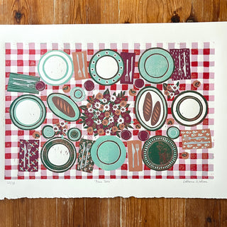 Hand Block Printed "Picnic Table" Reduction Print - Horizontal - No. 22