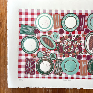 Hand Block Printed "Picnic Table" Reduction Print - Horizontal - No. 22