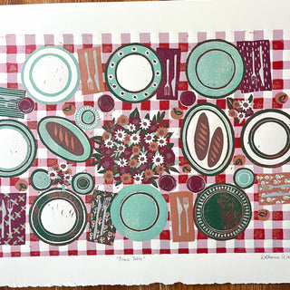 Hand Block Printed "Picnic Table" Reduction Print - Horizontal - No. 22