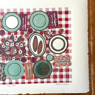Hand Block Printed "Picnic Table" Reduction Print - Horizontal - No. 22