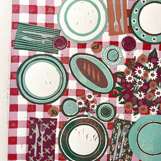 Hand Block Printed "Picnic Table" Reduction Print - Horizontal - No. 22