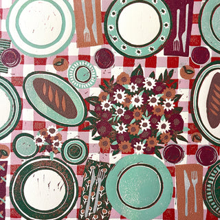 Hand Block Printed "Picnic Table" Reduction Print - Horizontal - No. 22