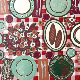Hand Block Printed "Picnic Table" Reduction Print - Horizontal - No. 22