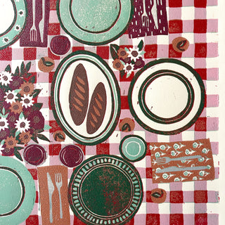 Hand Block Printed "Picnic Table" Reduction Print - Horizontal - No. 22