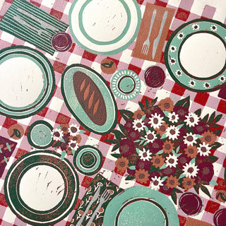 Hand Block Printed "Picnic Table" Reduction Print - Horizontal - No. 22