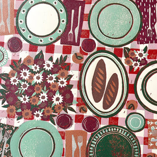 Hand Block Printed "Picnic Table" Reduction Print - Horizontal - No. 22