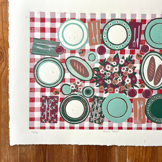Hand Block Printed "Picnic Table" Reduction Print - Horizontal - No. 23